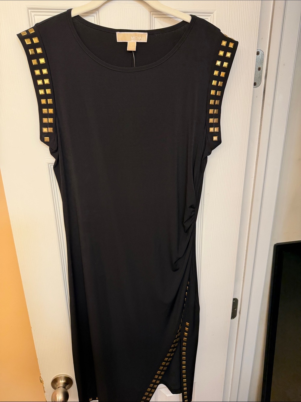 Michael Kors Black Midi Dress with Gold Square Studs